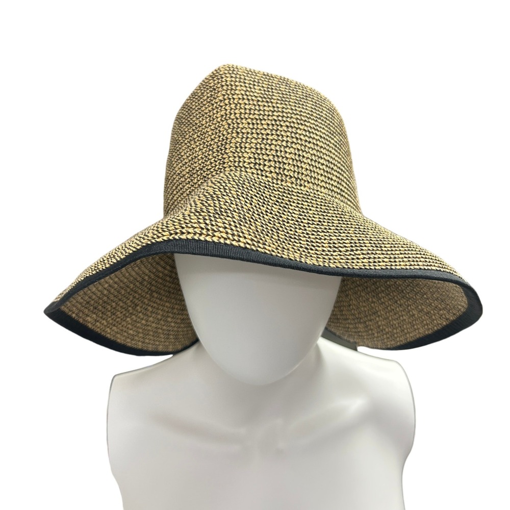 Scala Wide Brim Sun Hat Tan Black Bow Open Top Visor Beach Resort Packable